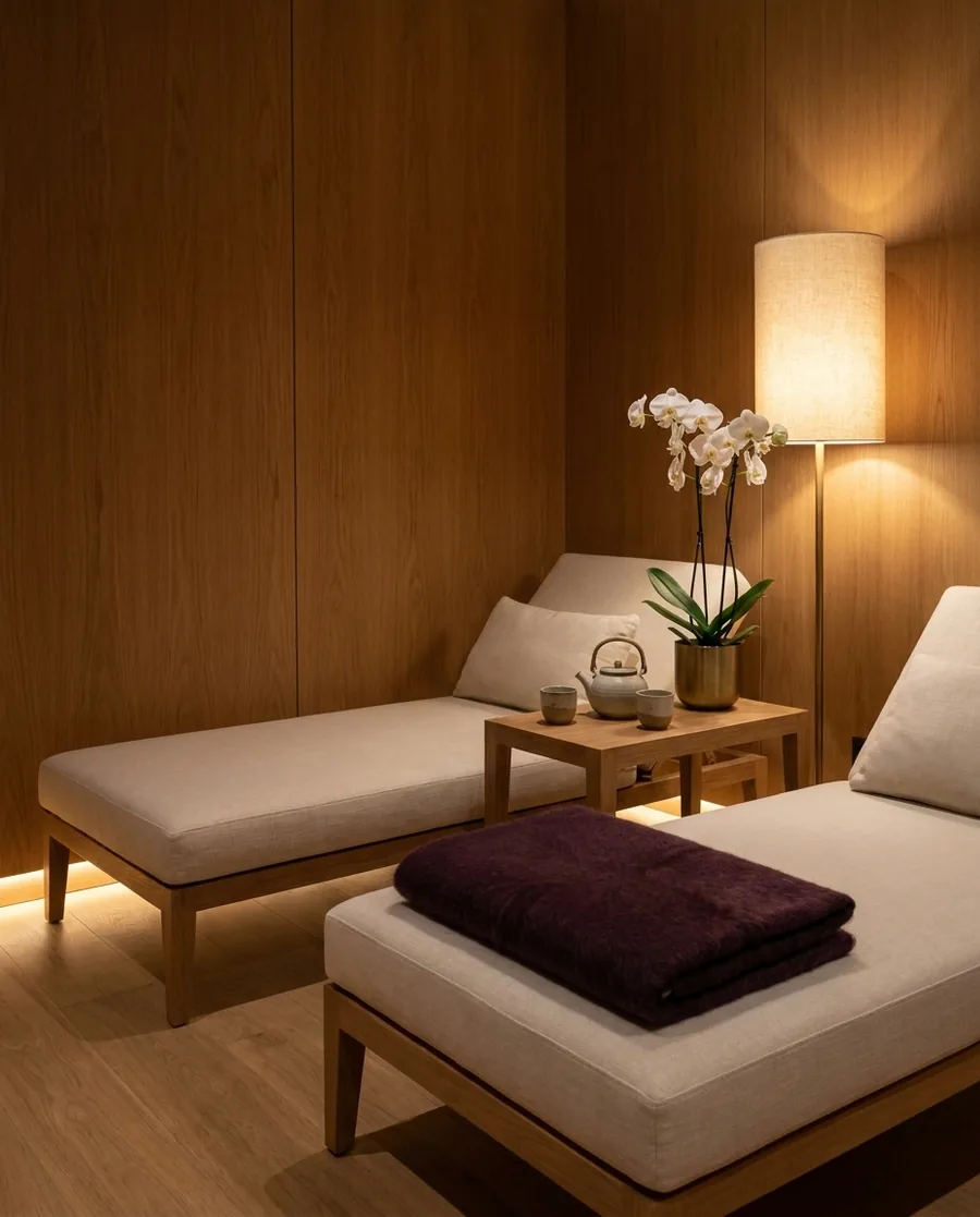 The Seraphine relaxation lounge. Linen loungers, warm wood and a tea station